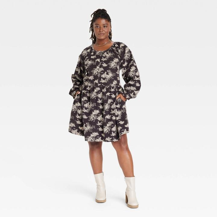 Women's Plus Size Balloon Long Sleeve Corduroy Shift Dress - Universal Thread Black Floral