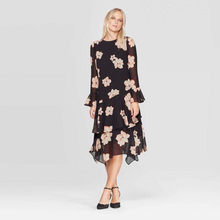 Women's Plus Size Floral Print Long Sleeve Boat Neck Tiered Ruffle Hem A Line Midi Dress - Who What Wear Black