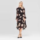 Women's Plus Size Floral Print Long Sleeve Boat Neck Tiered Ruffle Hem A Line Midi Dress - Who What Wear Black