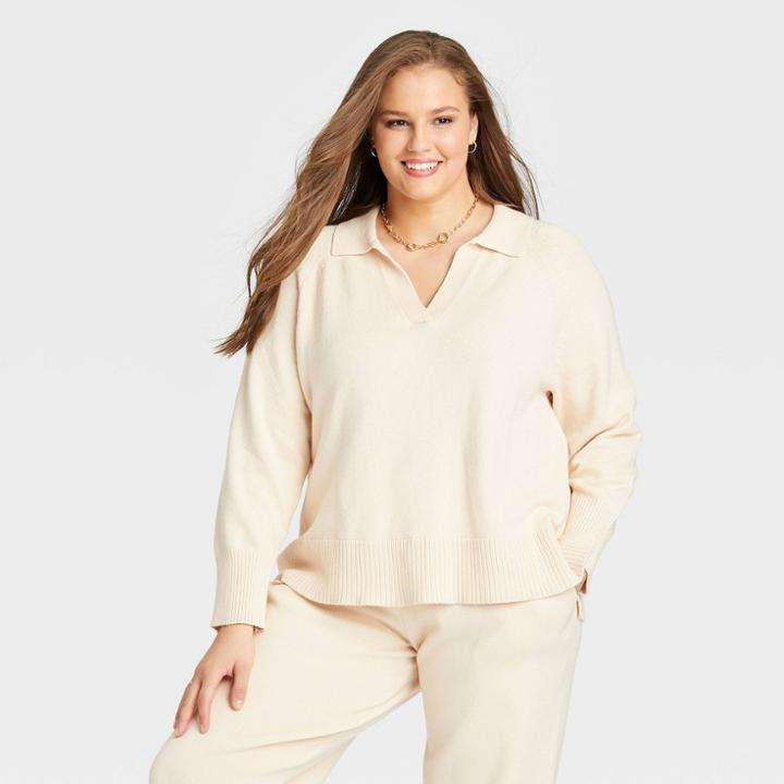Women's Plus Size Split Neck Pullover Sweater - Ava & Viv Cream
