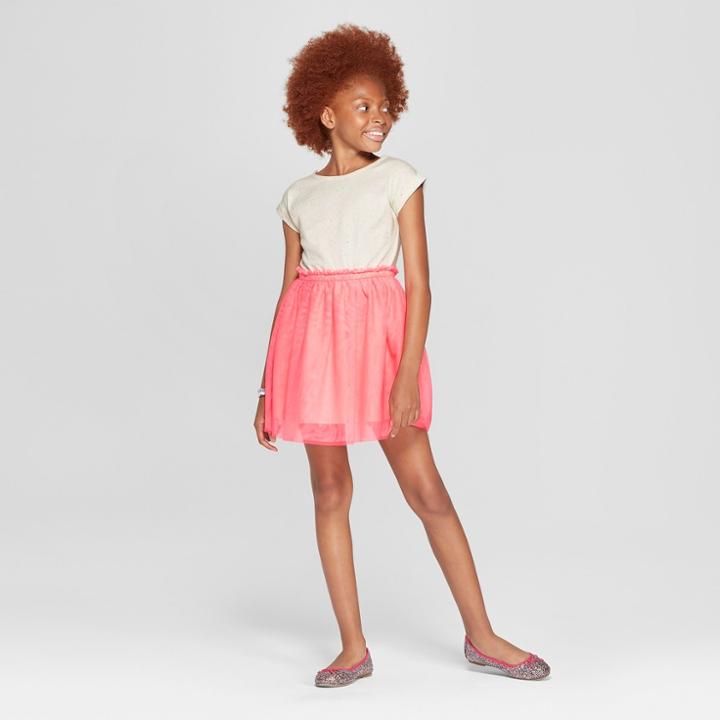 Girls' Short Sleeve Knit To Woven Dress With Tulle Skirt - Cat & Jack Pink/cream