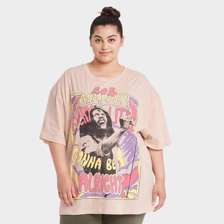 Women's Bob Marley Plus Size Short Sleeve Graphic T-shirt Dress - Tan