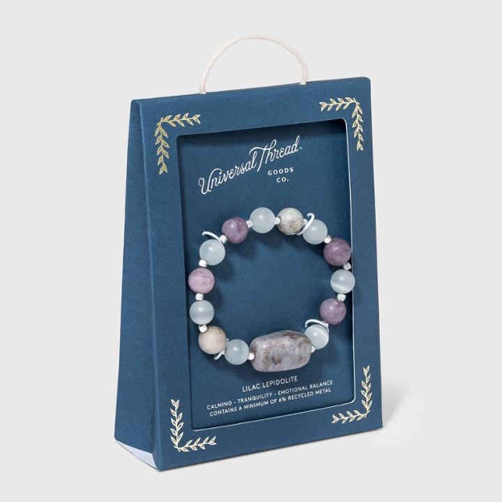 Semi-precious Lilac Lepidolite With Matte Gray Cats Eye Stretch Bracelet - Universal Thread