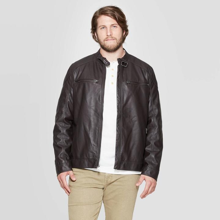 Men's Big & Tall Midweight Faux Leather Moto Jacket - Goodfellow & Co Brown