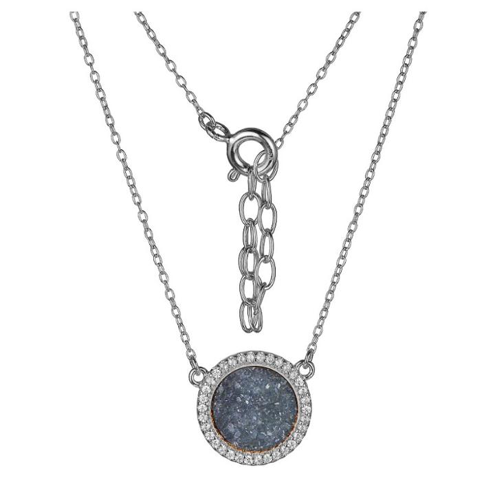 Sterling Silver Genuine Gray Druzy And Cubic Zirconia Halo Necklace - 16 + 2 Extender, Girl's, Size: Large,