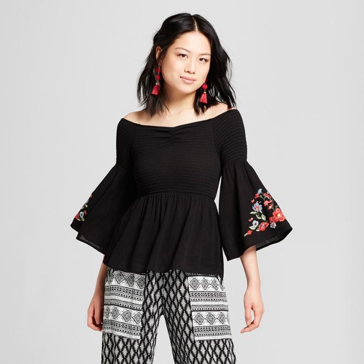 Women's Off The Shoulder Bell Sleeve Embroidered Top - Almost Famous (juniors') Black