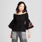 Women's Off The Shoulder Bell Sleeve Embroidered Top - Almost Famous (juniors') Black