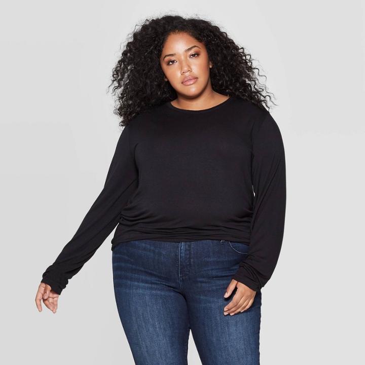 Women's Plus Size Long Sleeve Crewneck T-shirt - Universal Thread Black