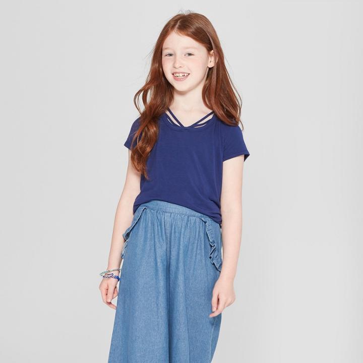 Girls' Bar Front Short Sleeve T-shirt - Art Class Blue