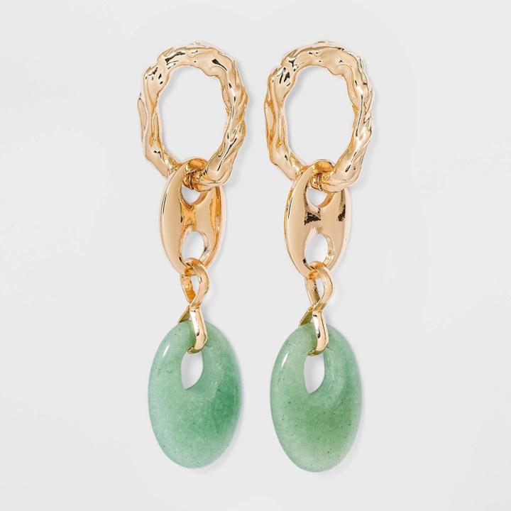 Textured Chain Link With Semi-precious Green Bead Hoop Earrings - A New Day Green Apple