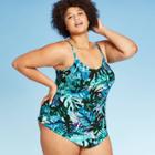Women's Plus Size Drape Neck Tankini Top - Aqua Green Leaf Blue 16w, Women's,