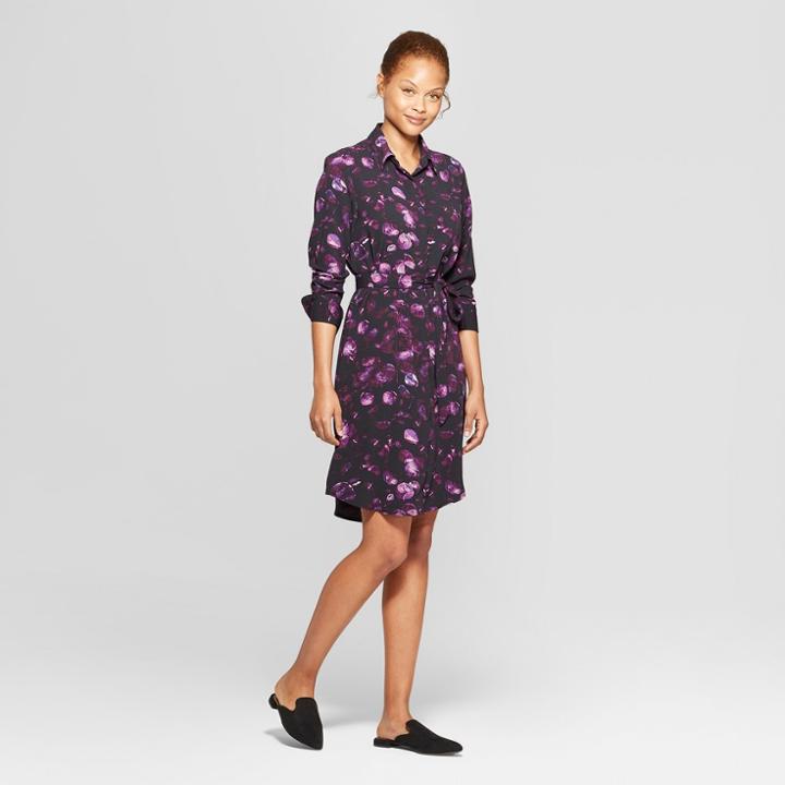 Women's Floral Print Long Sleeve Collared Shirt Dress - Prologue Purple