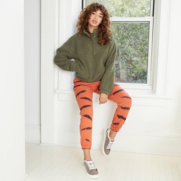 Women's Button Collar Sherpa Pullover - Wild Fable Olive