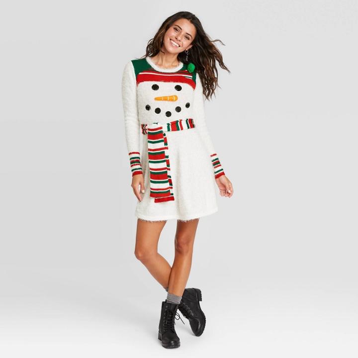 Born Famous Women's Ugly Holiday Snowman Long Sleeve Graphic Dress - White