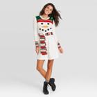 Born Famous Women's Ugly Holiday Snowman Long Sleeve Graphic Dress - White