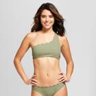 Vanilla Beach Women's Ribbed Scallop One Shoulder Bikini Top - Olive (green)