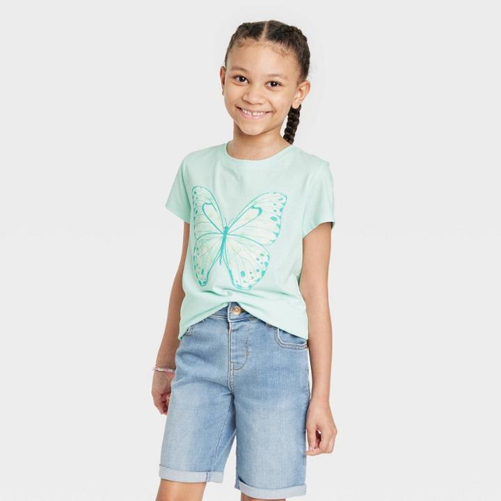 Girls' Butterfly Short Sleeve Graphic T-shirt - Cat & Jack Light Turquoise Green