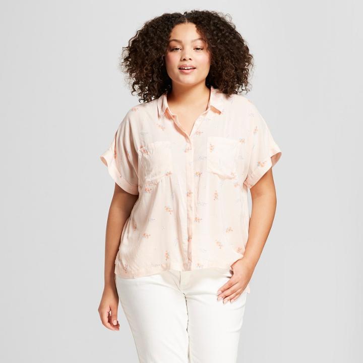 Women's Plus Size Printed Short Sleeve Any Day Shirt - A New Day Peach