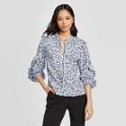 Women's Floral Print Long Sleeve High Neck Ruffle Details Blouse - Who What Wear Blue