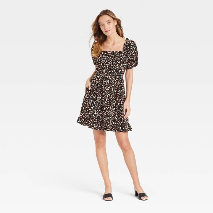 Women's Puff Short Sleeve Dress - Who What Wear Cream Leopard Print Xs, Ivory