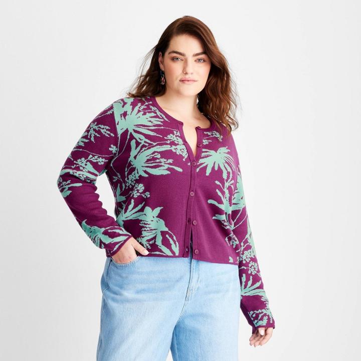 Women's Palm Print Long Sleeve Button-front Cardigan - Future Collective With Gabriella Karefa-johnson Plum Purple/blue