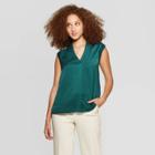 Women's Sleeveless V-neck Hammered Satin Blouse - A New Day Green