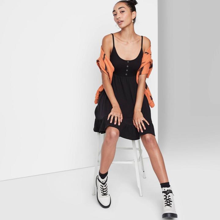 Women's Sleeveless Waffle Knit Babydoll Dress - Wild Fable Black