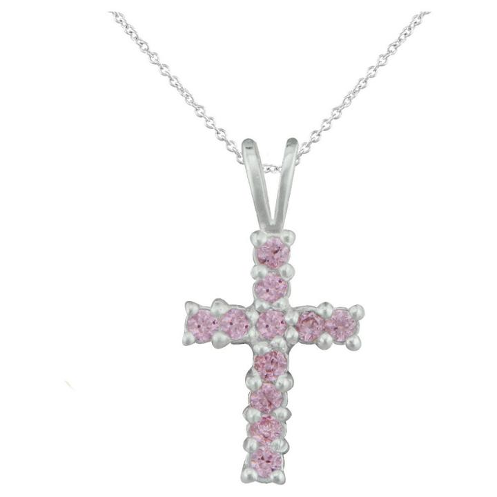 Target Girls' Sterling Silver Cubic Zirconia Cross Pendant-15 Plated Chain-pink