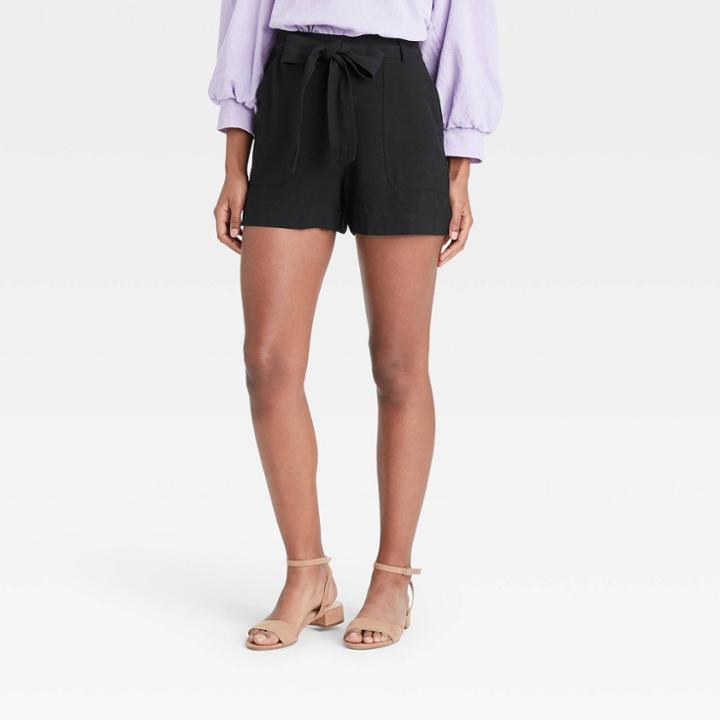 Women's High-rise Tie Waist Shorts - A New Day Black
