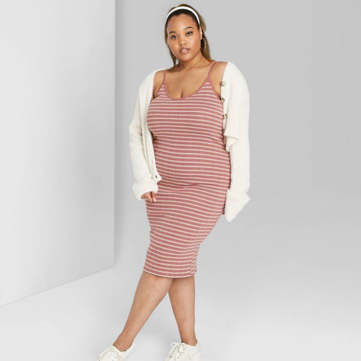 Women's Striped Plus Size Strappy Knit Midi Dress - Wild Fable Cinnamon 1x, Women's, Size: