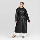 Women's Plus Size Long Sleeve Front Button-down Tie-waist Maxi Leather Jacket - Prologue Black