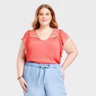 Women's Plus Size Flutter Short Sleeve Embroidered Top - Knox Rose Coral Pink