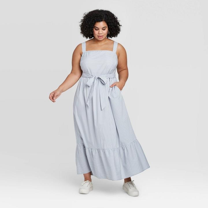 Women's Plus Size Striped Sleeveless Square Neck Ruffle Hem Dress - A New Day Blue 1x, Women's,