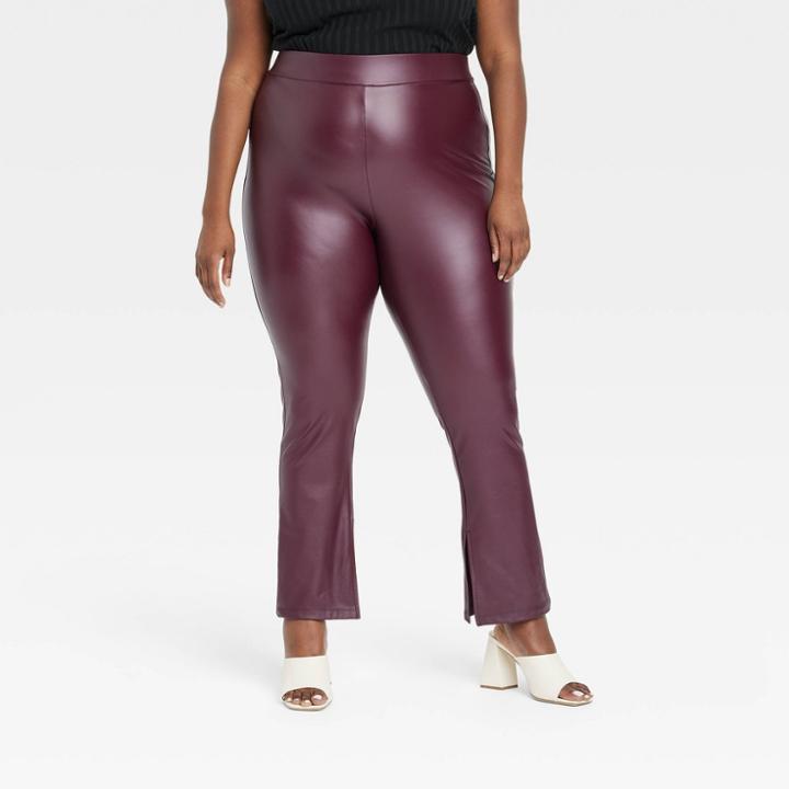 Women's Plus Size High-waisted Split Hem Faux Leather Leggings - A New Day Burgundy