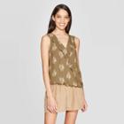 Women's Floral Print Sleeveless V-neck Ruffle Top - A New Day Olive