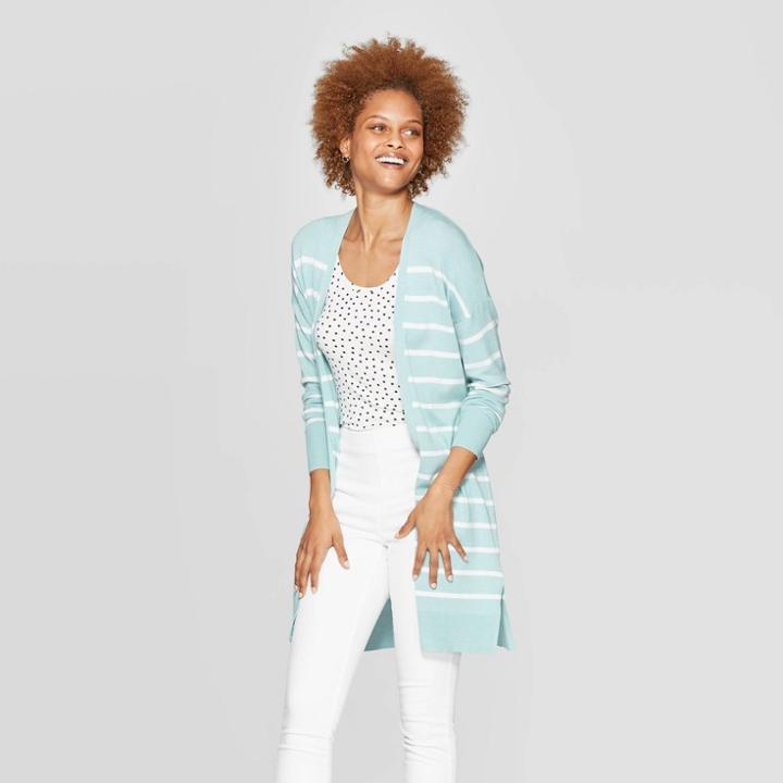 Women's Striped Long Sleeve Cardigan - A New Day Turquoise