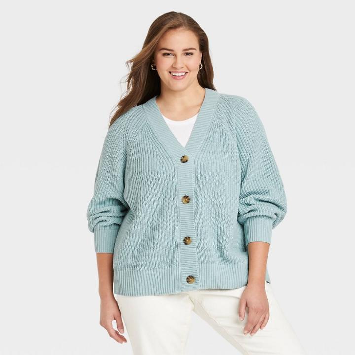 Women's Plus Size Button-front Cardigan - A New Day Blue
