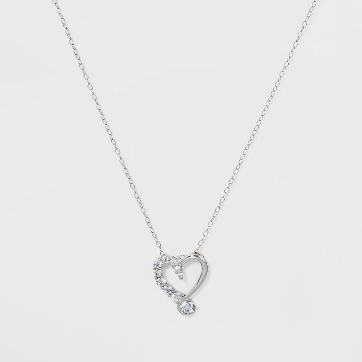 Target Pendant Necklace Sterling Silver Heart With Cubic Zirconia On Cable Chain - Silver/clear