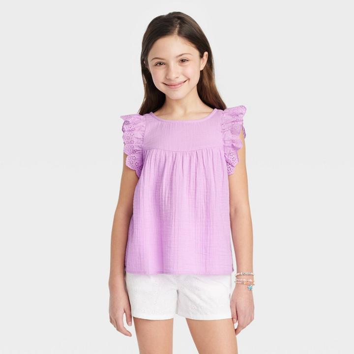 Girls' Ruffle Sleeve Woven Shirt - Cat & Jack Violet