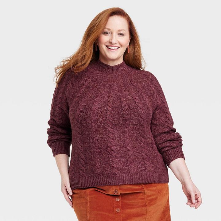 Women's Plus Size Mock Turtleneck Pullover Sweater - Knox Rose Berry Red