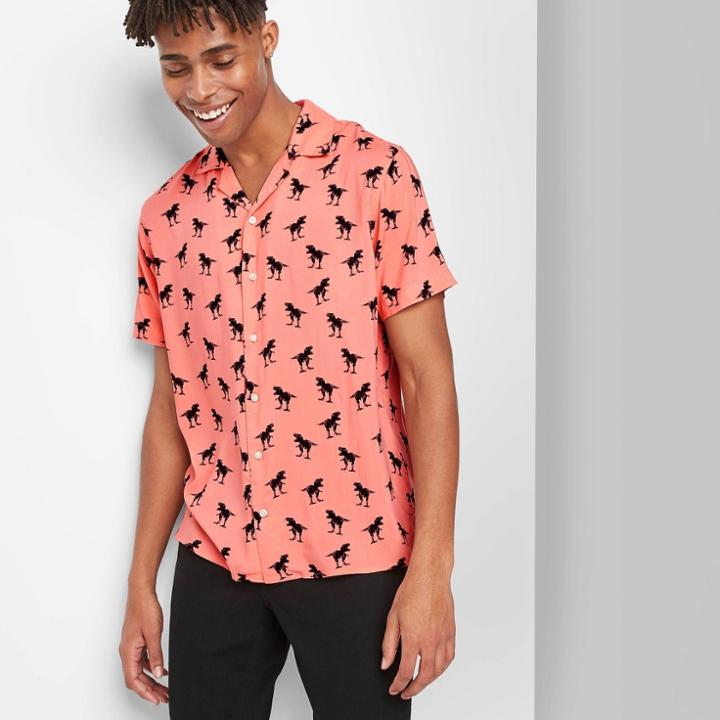 Men's Animal Print Short Sleeve Button-down Shirt - Original Use - Orange S, Men's,