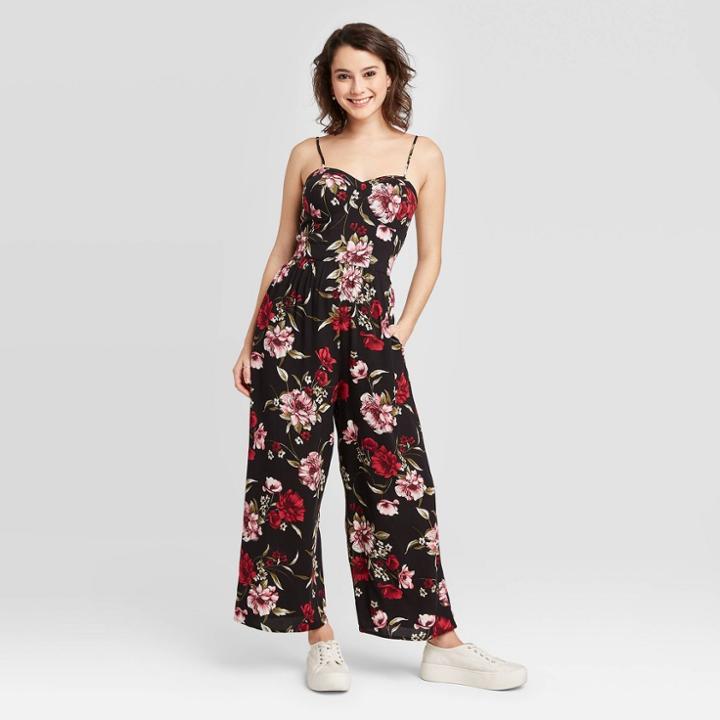 Women's Floral Print Sleeveless Sweetheart Neck Bra Cup Jumpsuit - Xhilaration Black Xs, Women's,