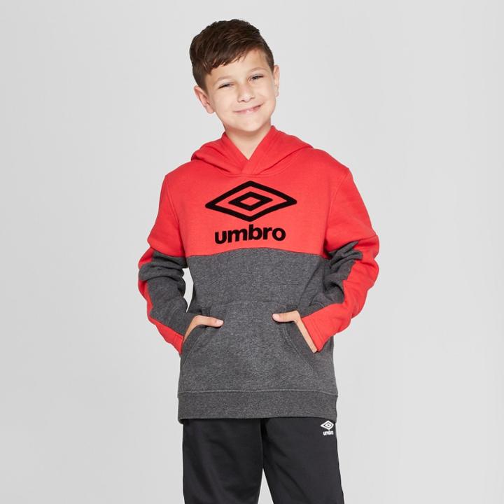 Umbro Boys' Fleece Pullover Hoodie - Dark Grey Heather/red