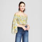 Women's Floral Print Long Sleeve Smocked Lace-up Cropped Top - Xhilaration