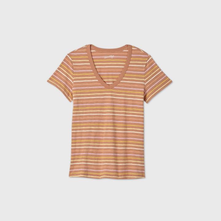 Women's Striped Short Sleeve V-neck T-shirt - Universal Thread Brown/cream Xs, Brown/ivory