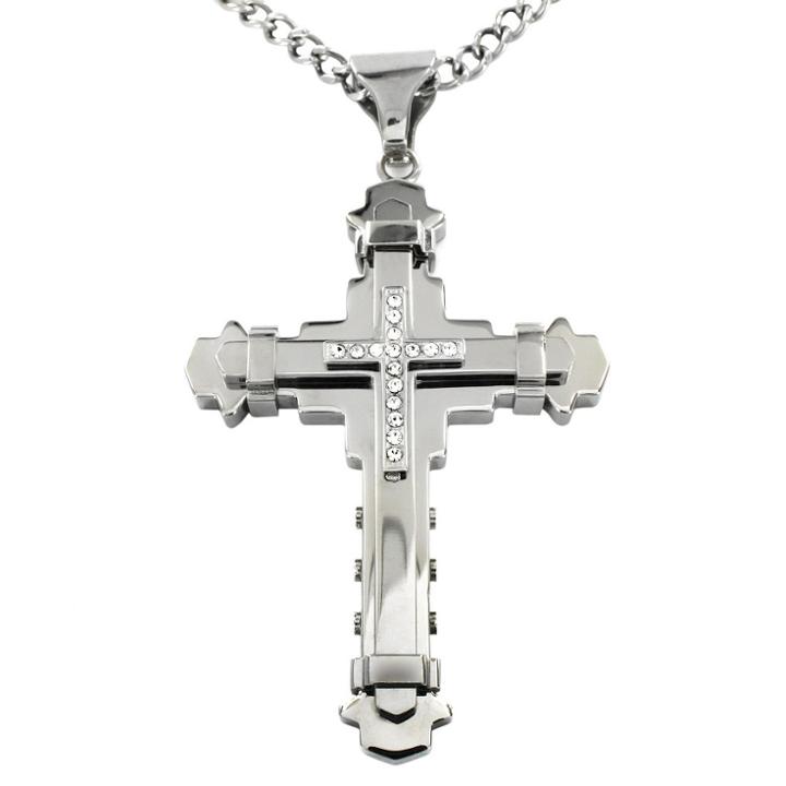 Crucible Men's Cubic Zirconia Stainless Steel Multi-layer Cross Necklace