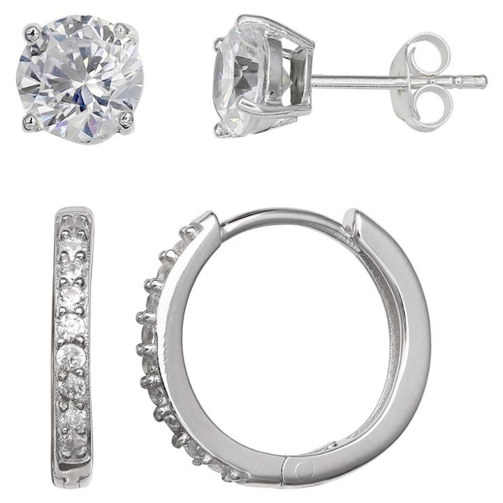 Target Women's Set Of Stud And Huggie Hoop Earrings With Clear Cubic Zirconia In Sterling Silver -