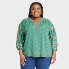 Women's Plus Size Balloon 3/4 Sleeve Woven Top - Knox Rose Green Floral