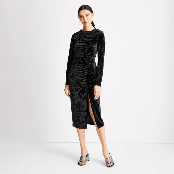 Women's Velvet Ruched Long Sleeve Open Back A-line Dress - Future Collective With Kahlana Barfield Brown Black Xxs