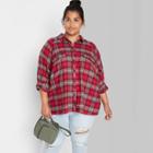 Women's Plus Size Raglan Long Sleeve Button-down Hi-low Flannel Shirt - Wild Fable Red Plaid